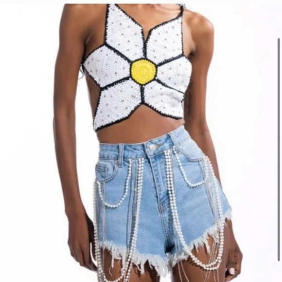 White and Black Crochet Halter Top with Yellow Center - Picture 5 of 7